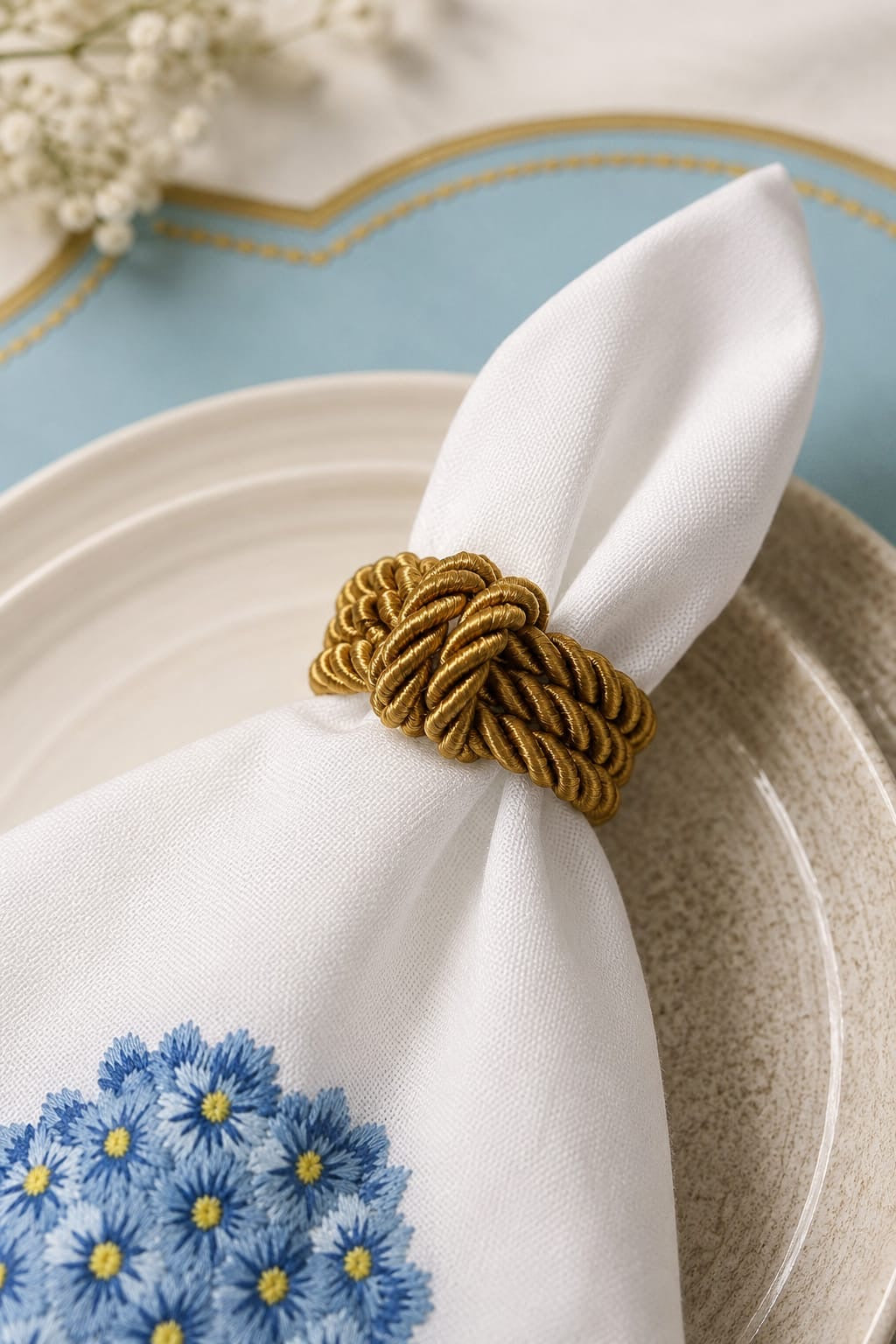 Luxury Hydrangea Table Set for 6 | Blue Placemats, Embroidered Napkins & Handmade Napkin Rings | Gift Box