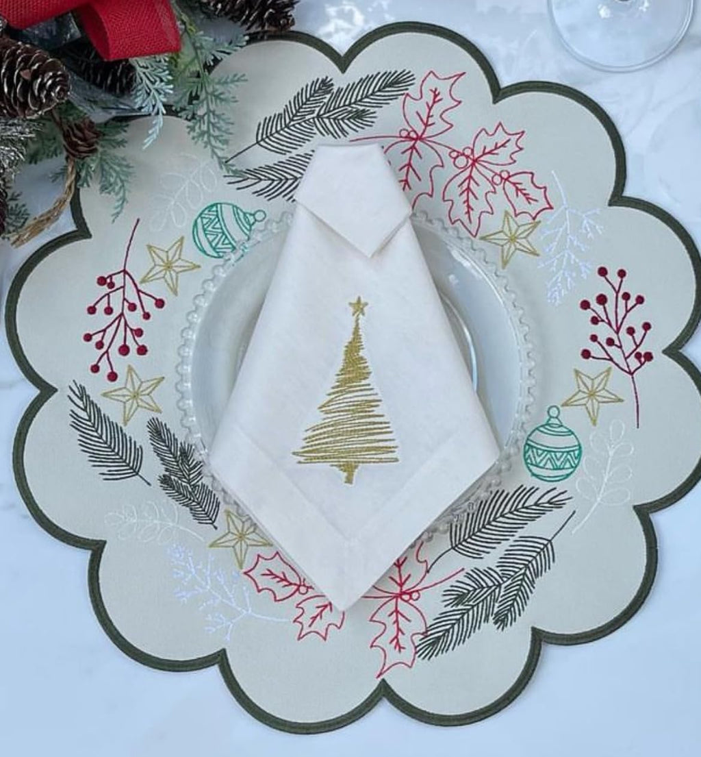 Christmas Placemat Set of 4 Embroidery Holiday Dining Table Decor Mat with Gold Border 39x35 round Design Elegant Christmas Theme Accent for Dining Room & Home gift