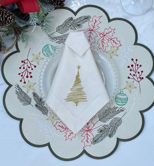 Christmas Placemat Set of 4 Embroidery Holiday Dining Table Decor Mat with Gold Border 39x35 round Design Elegant Christmas Theme Accent for Dining Room & Home gift