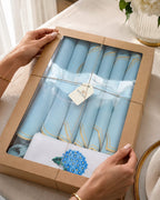 Luxury Hydrangea Table Set for 6 | Blue Placemats, Embroidered Napkins & Handmade Napkin Rings | Gift Box