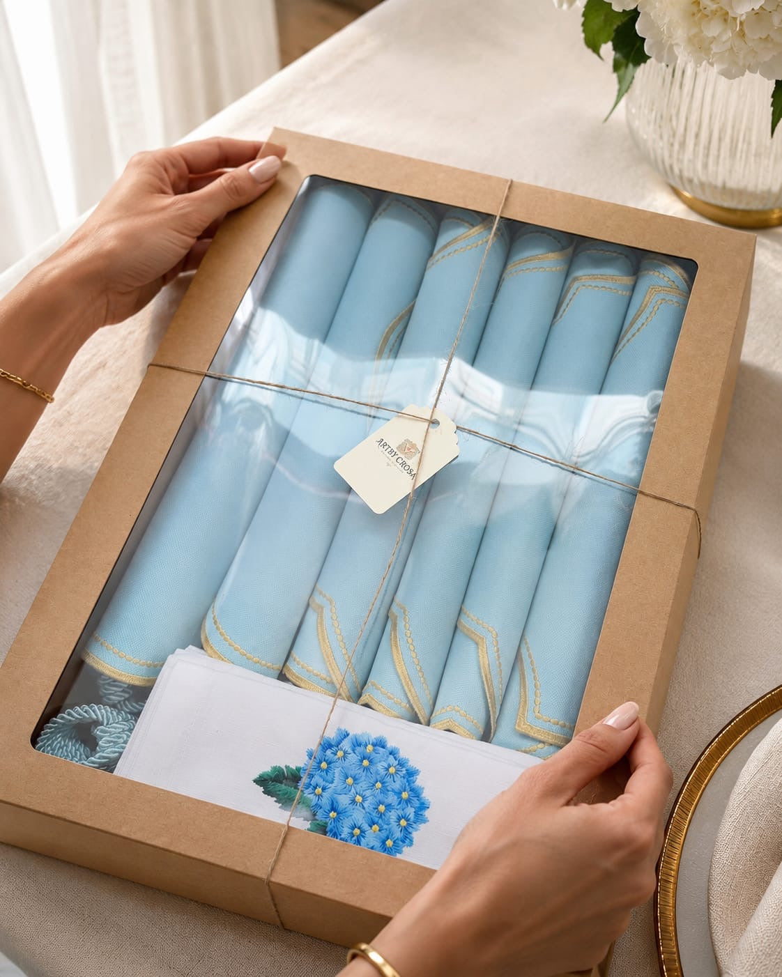 Luxury Hydrangea Table Set for 6 | Blue Placemats, Embroidered Napkins & Handmade Napkin Rings | Gift Box