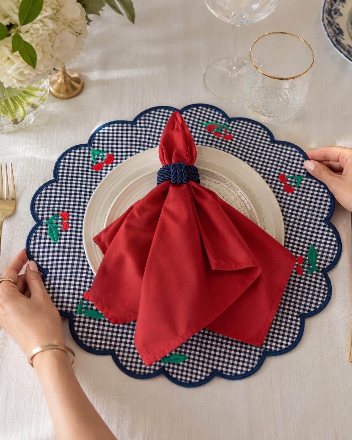 Double Side Cherry Placemat Set for 6 | Reversible Table Linen Gift Box | Handmade by ArtByCrosa