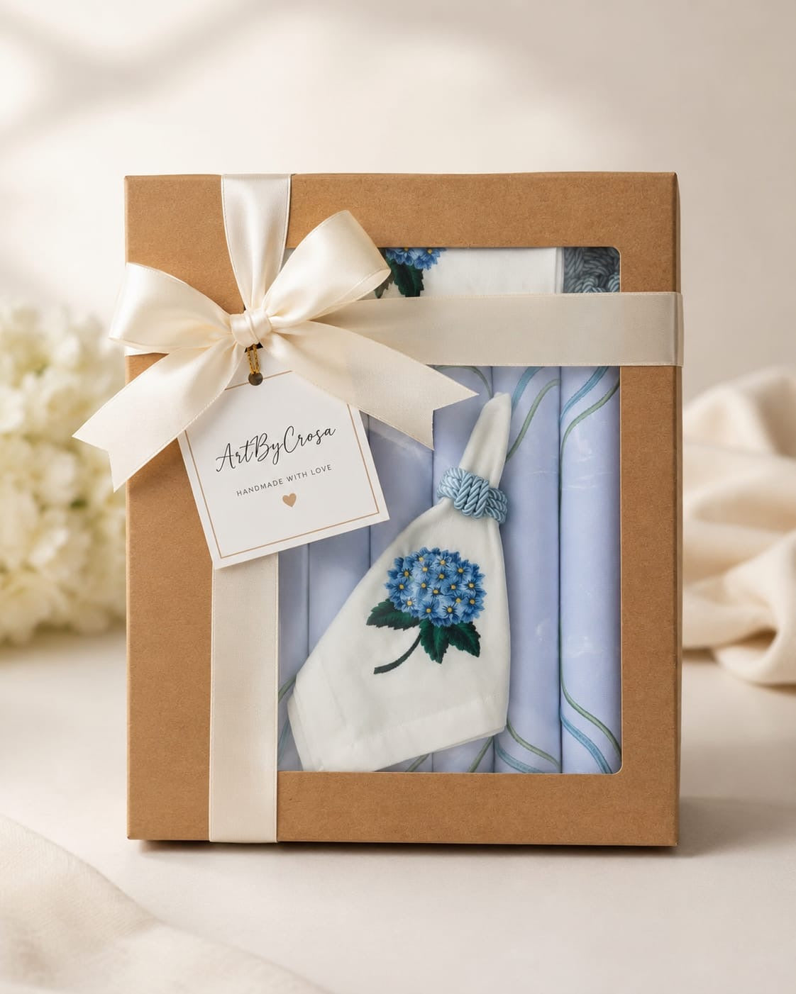 Luxury Hydrangea Blue Table Set for 6 | Handmade Gift Box | ArtByCrosa