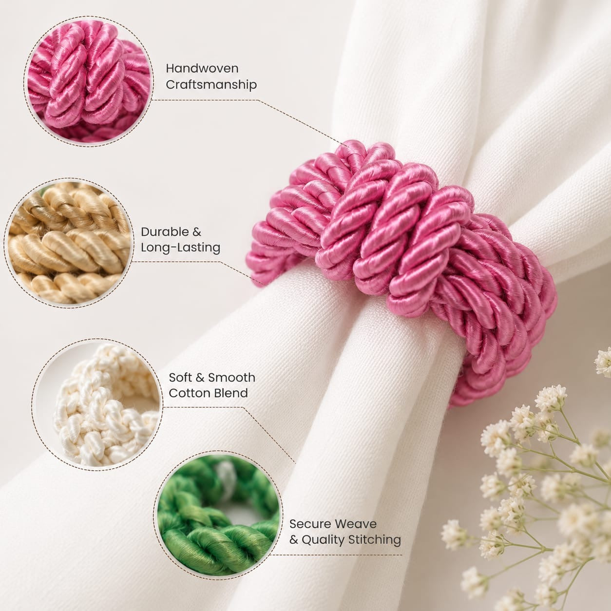 Handmade Rope Napkin Rings Set of 4 – Decorative Table Setting Napkin Holders – Elegant Knotted Cloth Napkin Rings for Wedding, Easter, Christmas & Dining Table