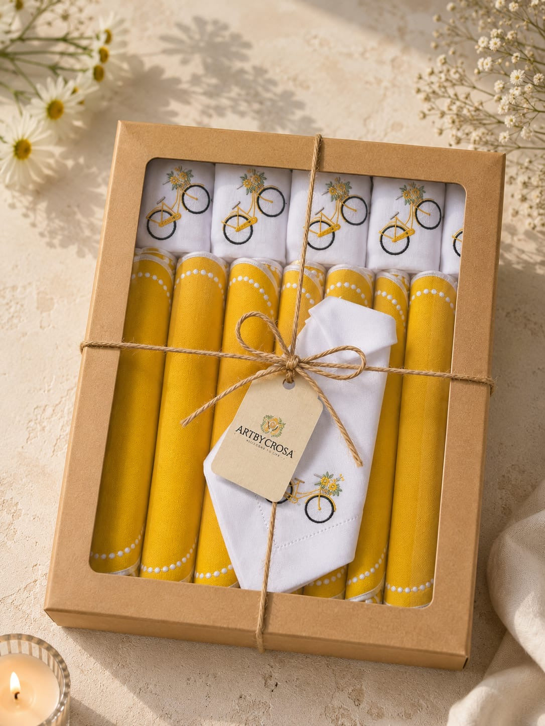 Luxury Yellow Bicycle Embroidered Table Set for 6 | Handmade Placemats, Napkins & Gift Box