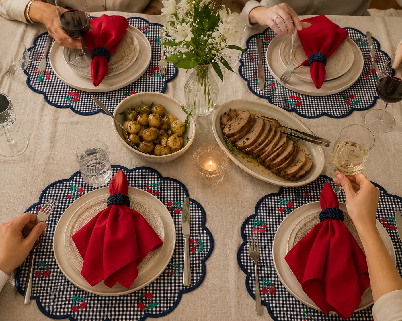 Double Side Cherry Placemat Set for 6 | Reversible Table Linen Gift Box | Handmade by ArtByCrosa