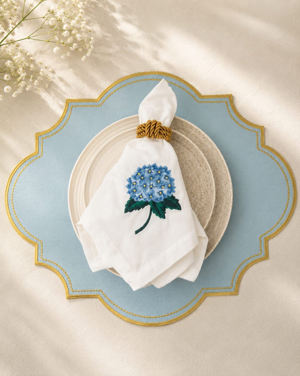 Luxury Hydrangea Table Set for 6 | Blue Placemats, Embroidered Napkins & Handmade Napkin Rings | Gift Box