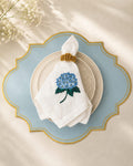 Luxury Hydrangea Table Set for 6 | Blue Placemats, Embroidered Napkins & Handmade Napkin Rings | Gift Box