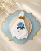 Luxury Hydrangea Table Set for 6 | Blue Placemats, Embroidered Napkins & Handmade Napkin Rings | Gift Box