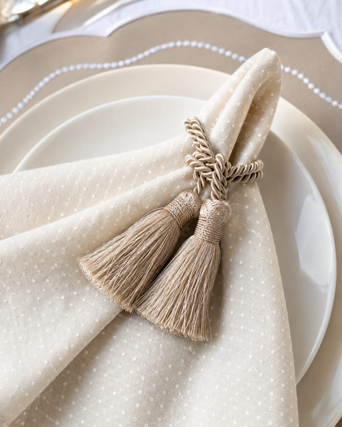 Luxury Table Set for 6 – Beige Placemats, Napkins & Handmade Napkin Rings | Gift Box | ArtByCrosa