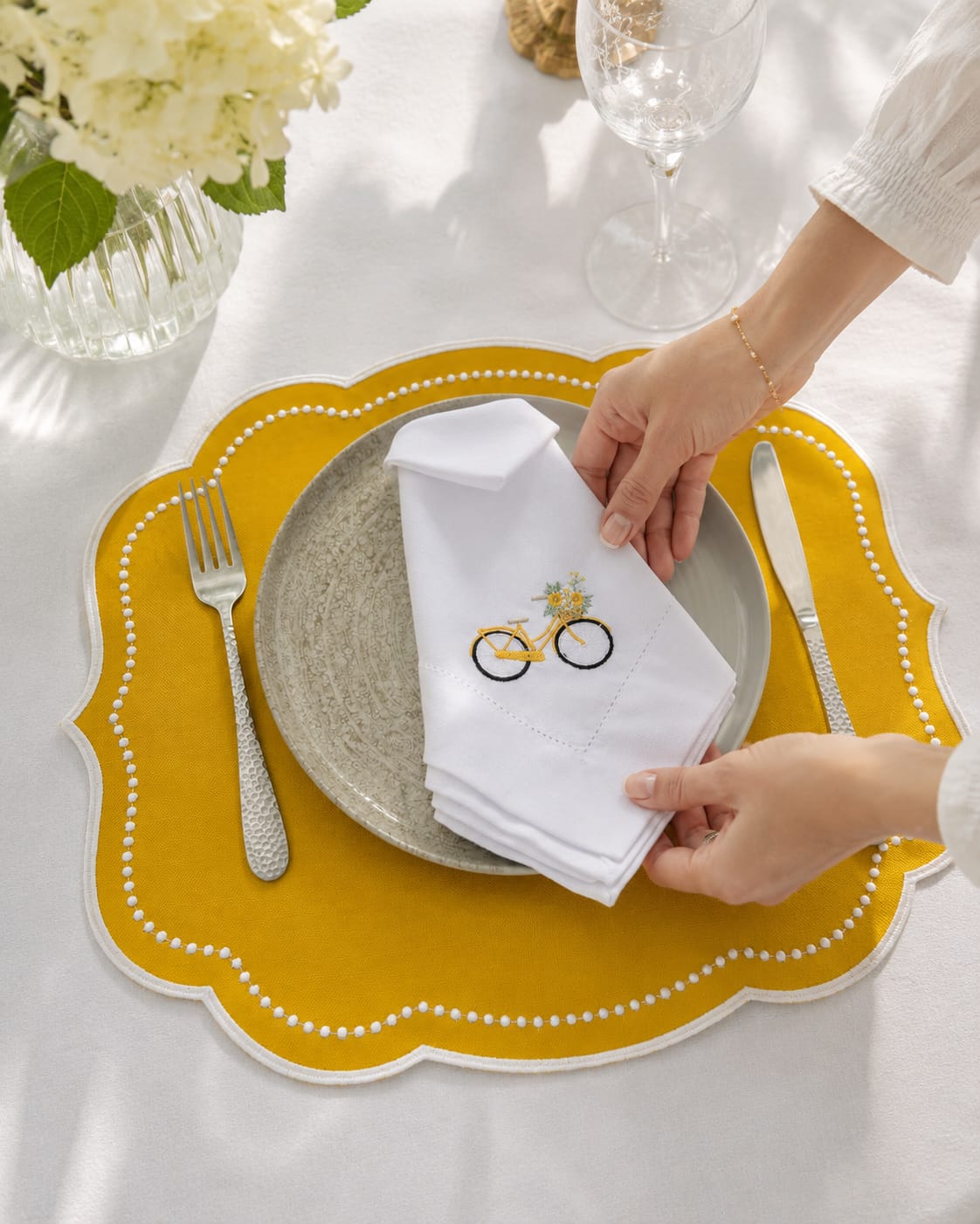 Luxury Yellow Bicycle Embroidered Table Set for 6 | Handmade Placemats, Napkins & Gift Box