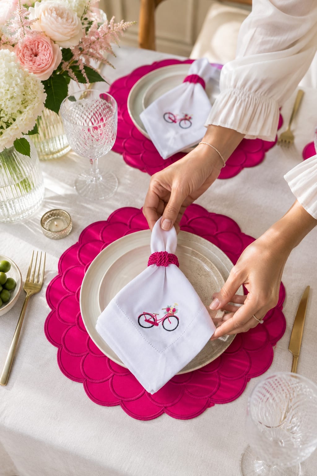 Pink Embroidered Table Setting Set for 6 – Bicycle Napkins, Placemats & Napkin Rings