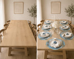 Luxury Hydrangea Table Set for 6 | Blue Placemats, Embroidered Napkins & Handmade Napkin Rings | Gift Box