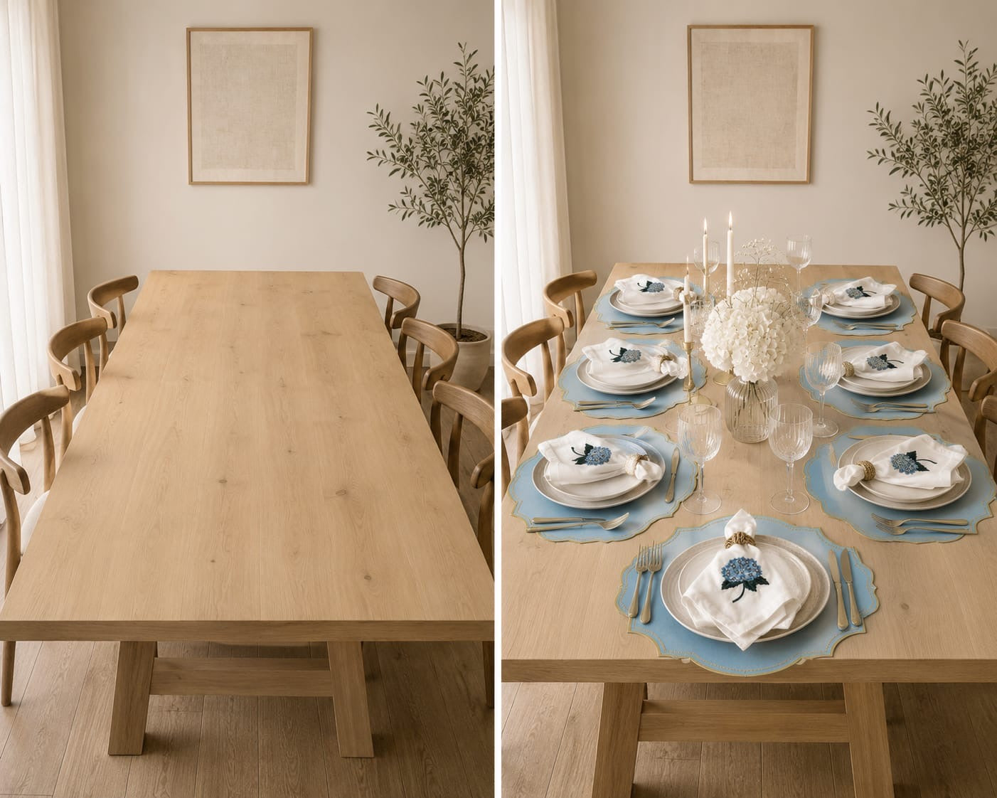 Luxury Hydrangea Table Set for 6 | Blue Placemats, Embroidered Napkins & Handmade Napkin Rings | Gift Box