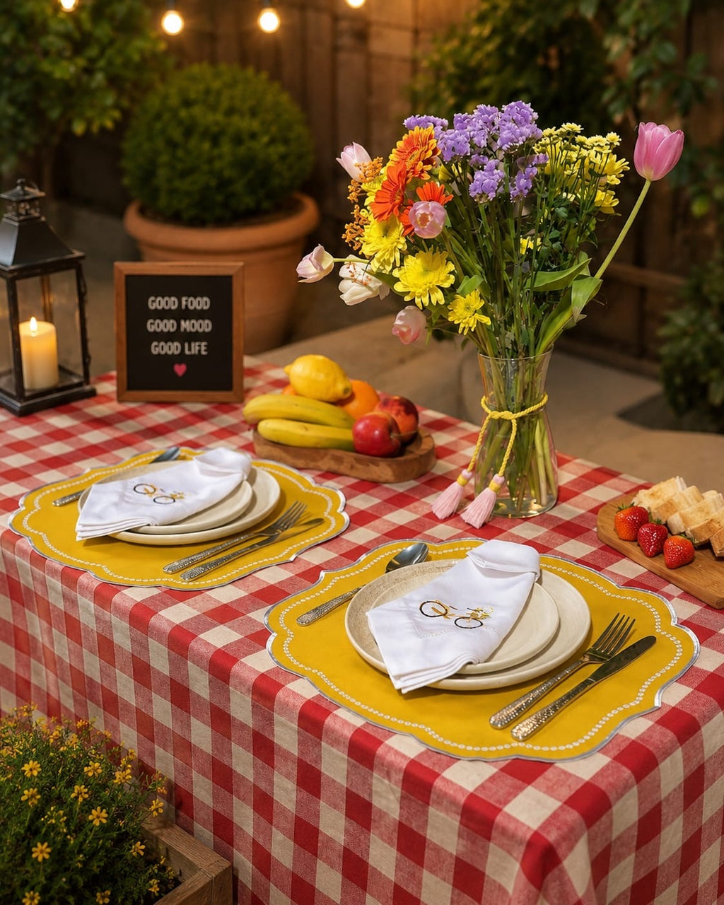 Luxury Yellow Bicycle Embroidered Table Set for 6 | Handmade Placemats, Napkins & Gift Box