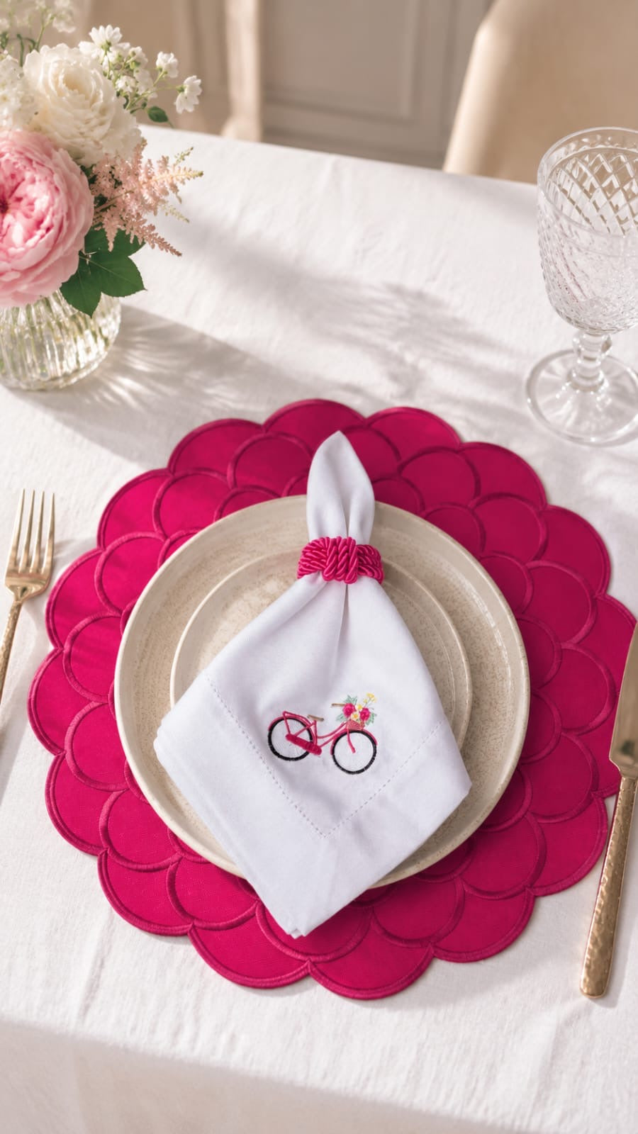 Pink Embroidered Table Setting Set for 6 – Bicycle Napkins, Placemats & Napkin Rings
