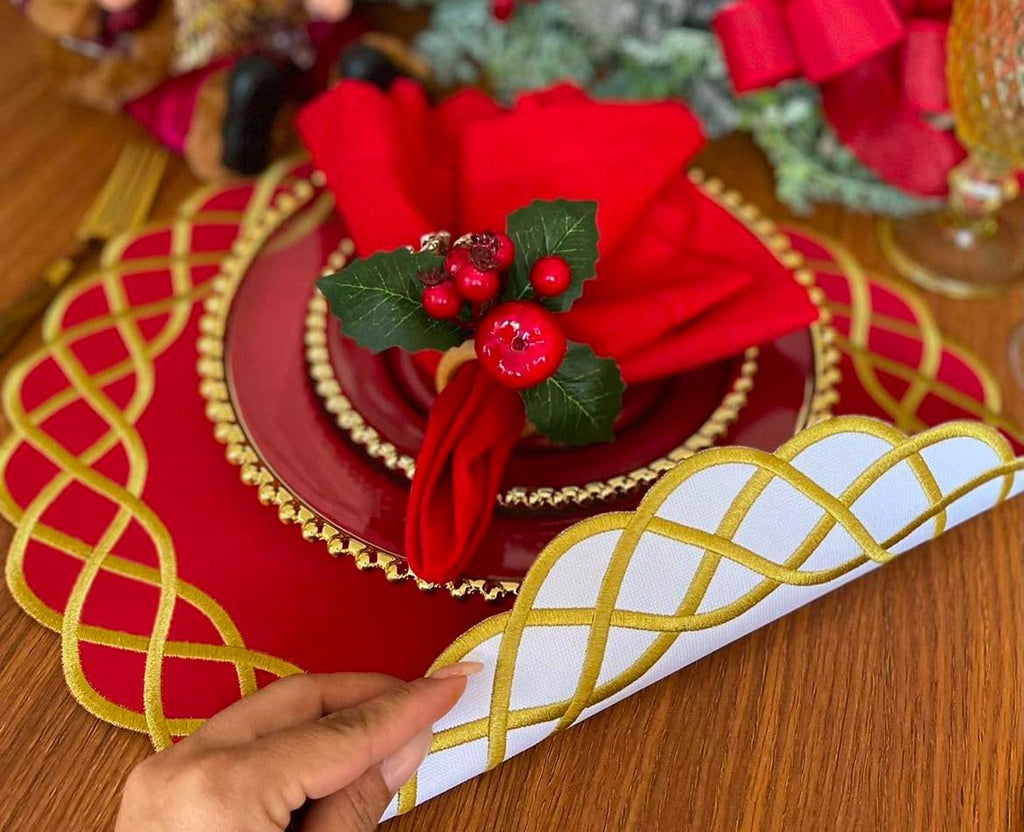 Placemat Christmas Table Decor Gold Set White Design Holiday Dining Room Accent Christmas Bundle Reversible Mat Gold Border Holiday Gift Home Decor Placemat set of 6