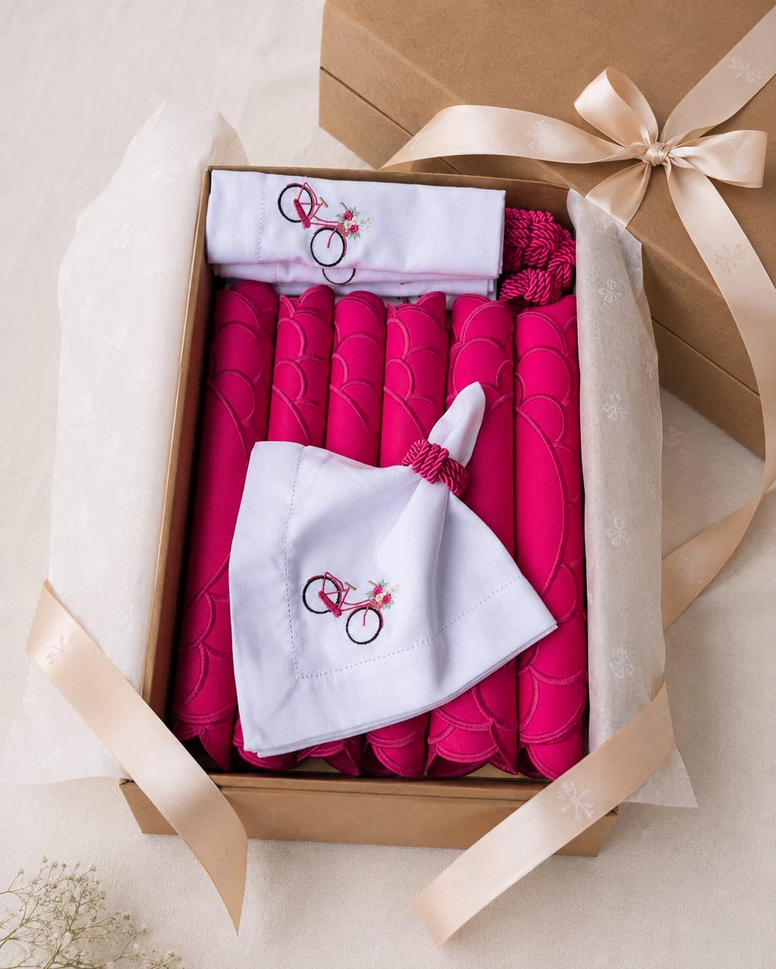Pink Embroidered Table Setting Set for 6 – Bicycle Napkins, Placemats & Napkin Rings