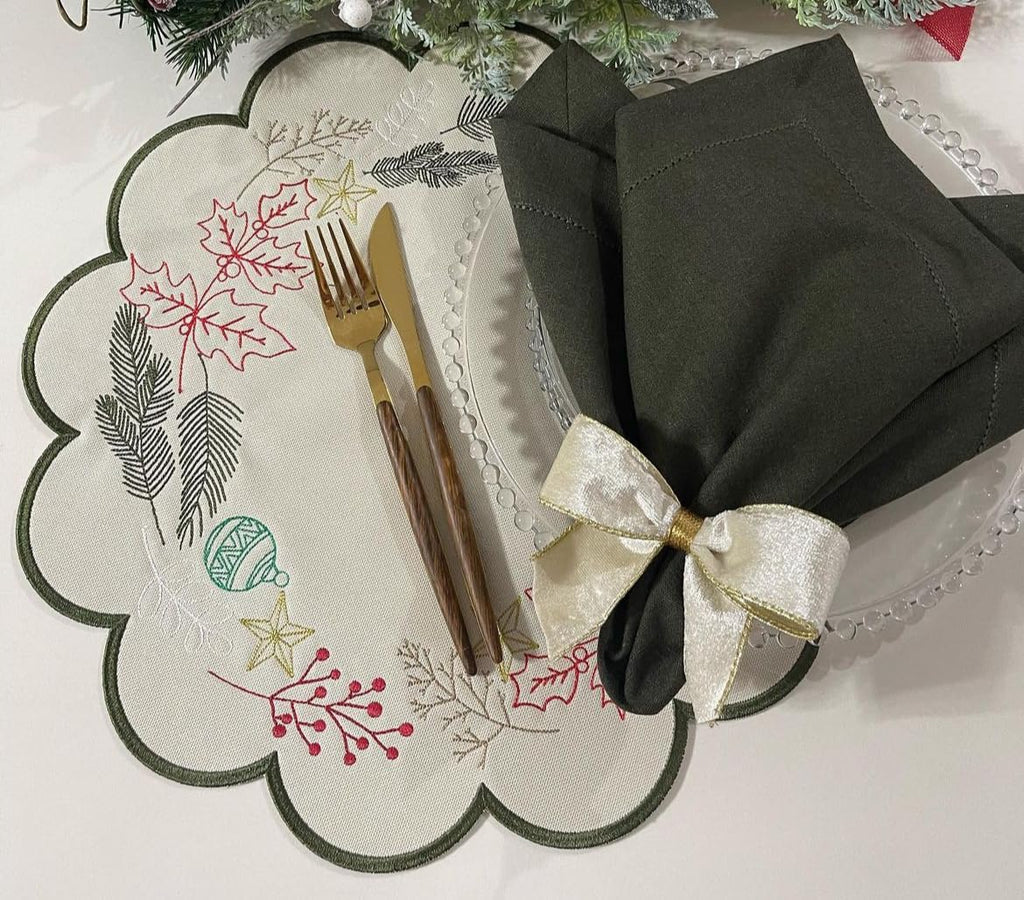 Christmas Placemat Set of 4 Embroidery Holiday Dining Table Decor Mat with Gold Border 39x35 round Design Elegant Christmas Theme Accent for Dining Room & Home gift