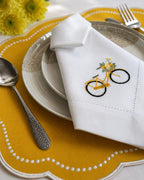 Luxury Yellow Bicycle Embroidered Table Set for 6 | Handmade Placemats, Napkins & Gift Box