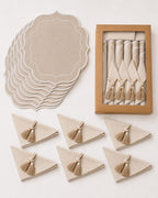 Luxury Table Set for 6 – Beige Placemats, Napkins & Handmade Napkin Rings | Gift Box | ArtByCrosa