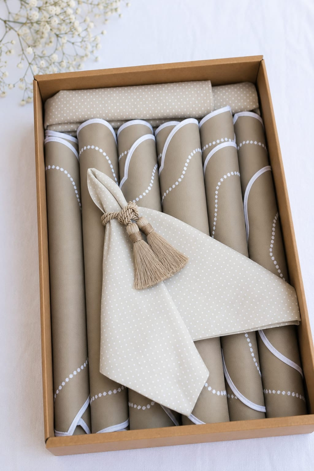 Luxury Table Set for 6 – Beige Placemats, Napkins & Handmade Napkin Rings | Gift Box | ArtByCrosa