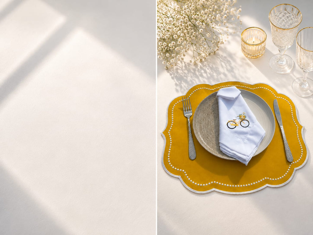 Luxury Yellow Bicycle Embroidered Table Set for 6 | Handmade Placemats, Napkins & Gift Box