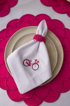Pink Embroidered Table Setting Set for 6 – Bicycle Napkins, Placemats & Napkin Rings
