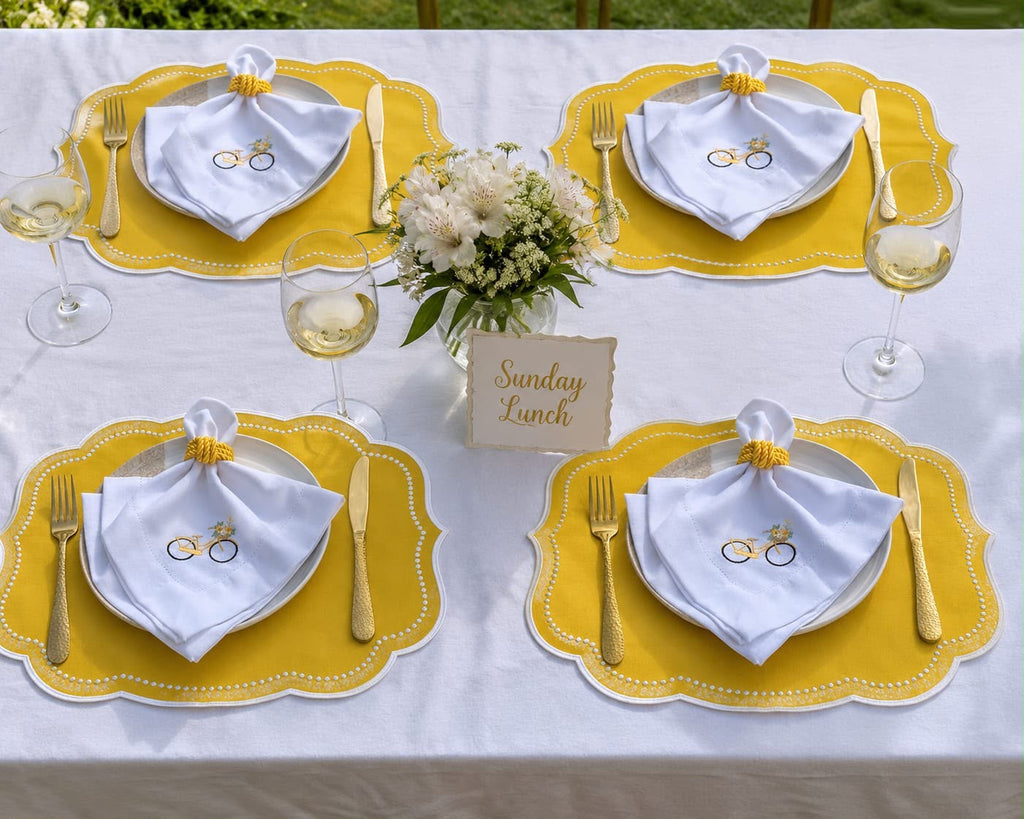 Luxury Yellow Bicycle Embroidered Table Set for 6 | Handmade Placemats, Napkins & Gift Box