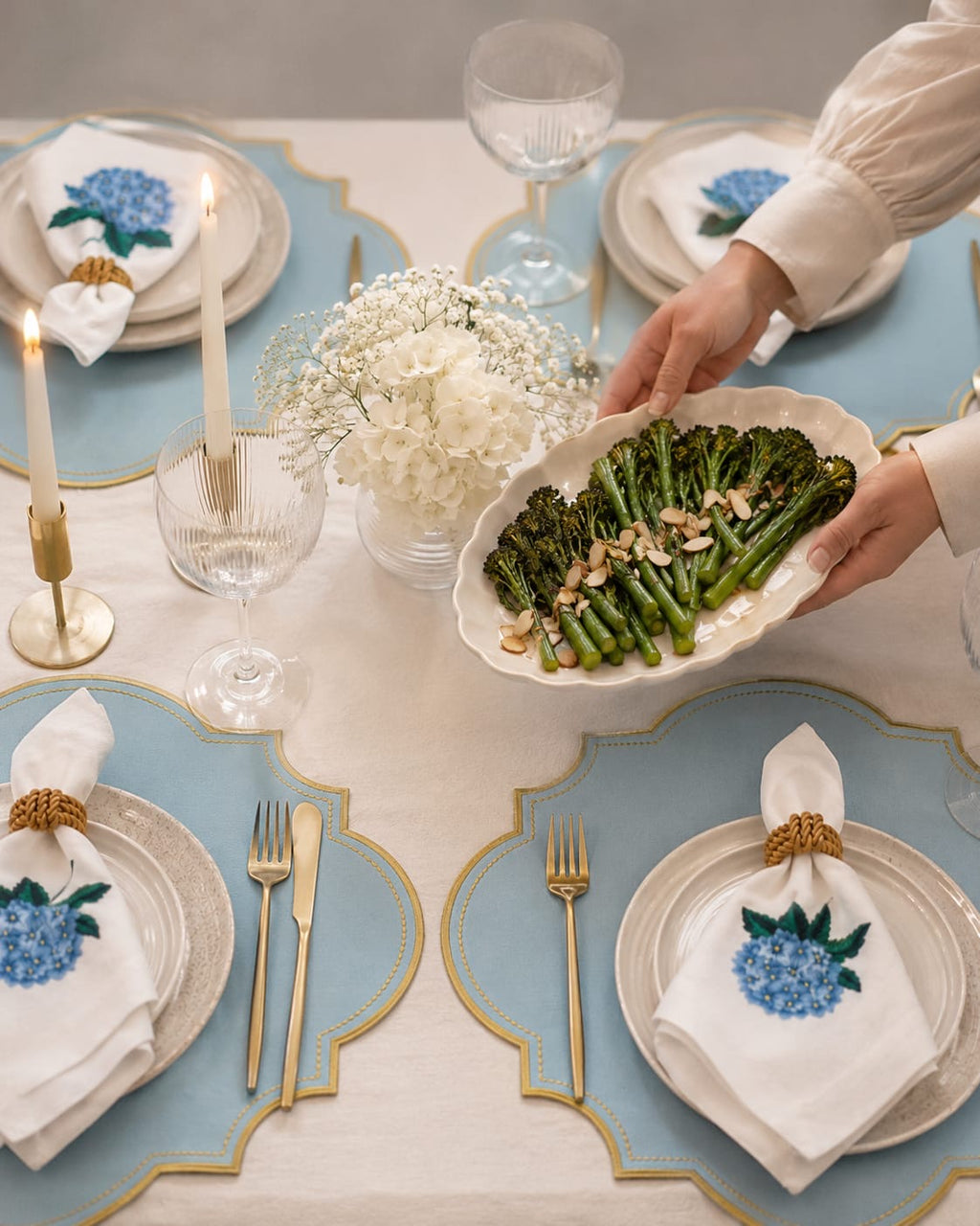 Luxury Hydrangea Table Set for 6 | Blue Placemats, Embroidered Napkins & Handmade Napkin Rings | Gift Box