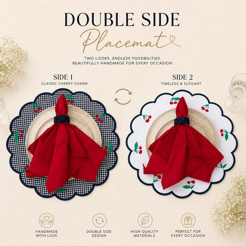 Double Side Cherry Placemat Set for 6 | Reversible Table Linen Gift Box | Handmade by ArtByCrosa
