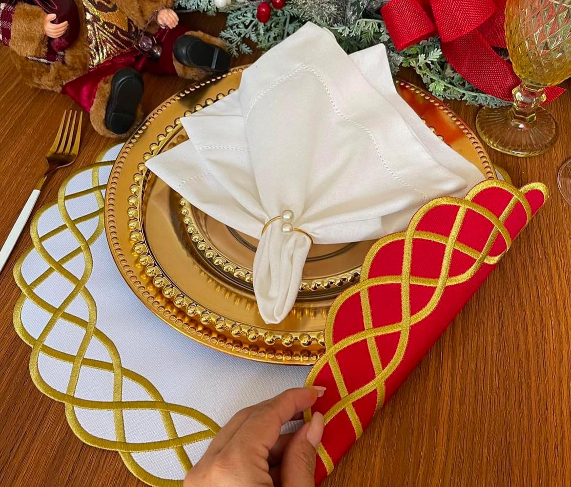 Placemat Christmas Table Decor Gold Set White Design Holiday Dining Room Accent Christmas Bundle Reversible Mat Gold Border Holiday Gift Home Decor Placemat set of 6