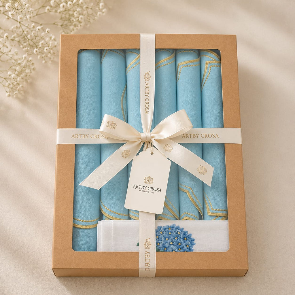 Luxury Hydrangea Table Set for 6 | Blue Placemats, Embroidered Napkins & Handmade Napkin Rings | Gift Box