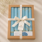 Luxury Hydrangea Table Set for 6 | Blue Placemats, Embroidered Napkins & Handmade Napkin Rings | Gift Box