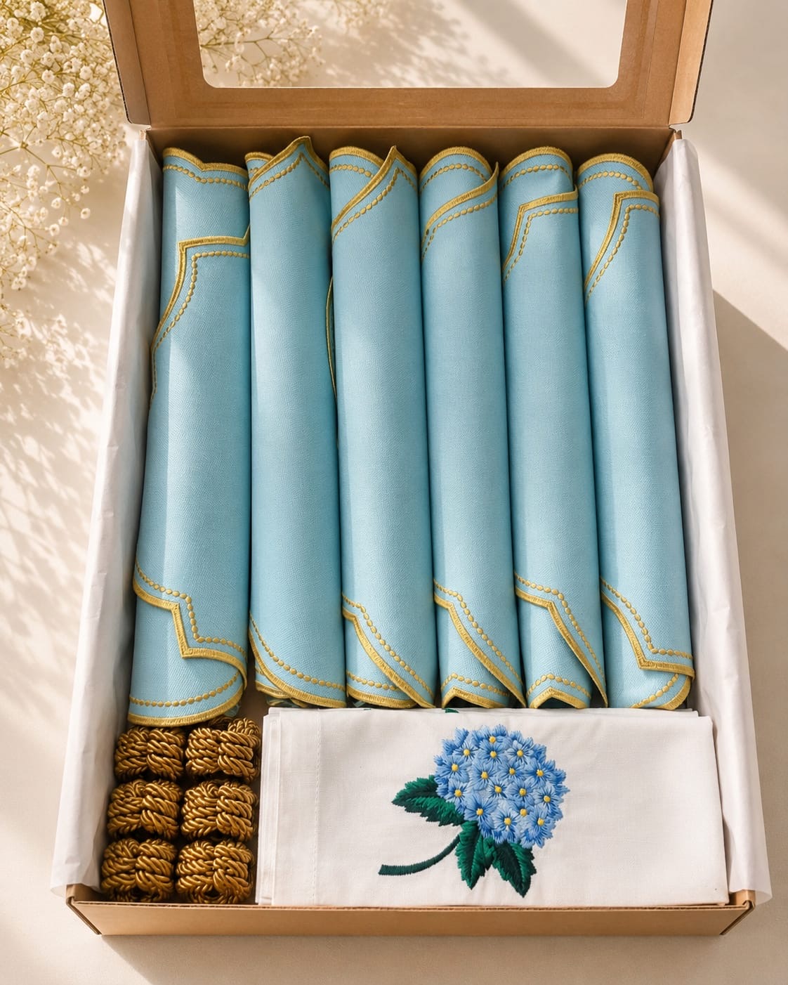 Luxury Hydrangea Table Set for 6 | Blue Placemats, Embroidered Napkins & Handmade Napkin Rings | Gift Box