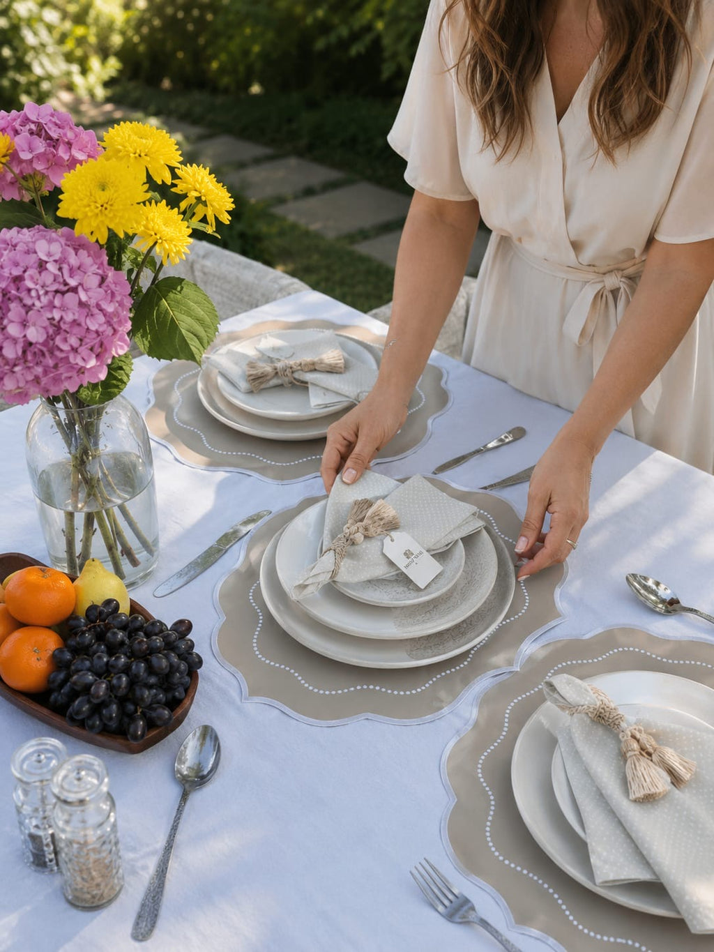 Luxury Table Set for 6 – Beige Placemats, Napkins & Handmade Napkin Rings | Gift Box | ArtByCrosa
