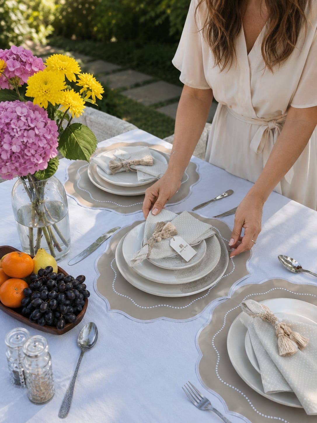 Luxury Table Set for 6 – Beige Placemats, Napkins & Handmade Napkin Rings | Gift Box | ArtByCrosa