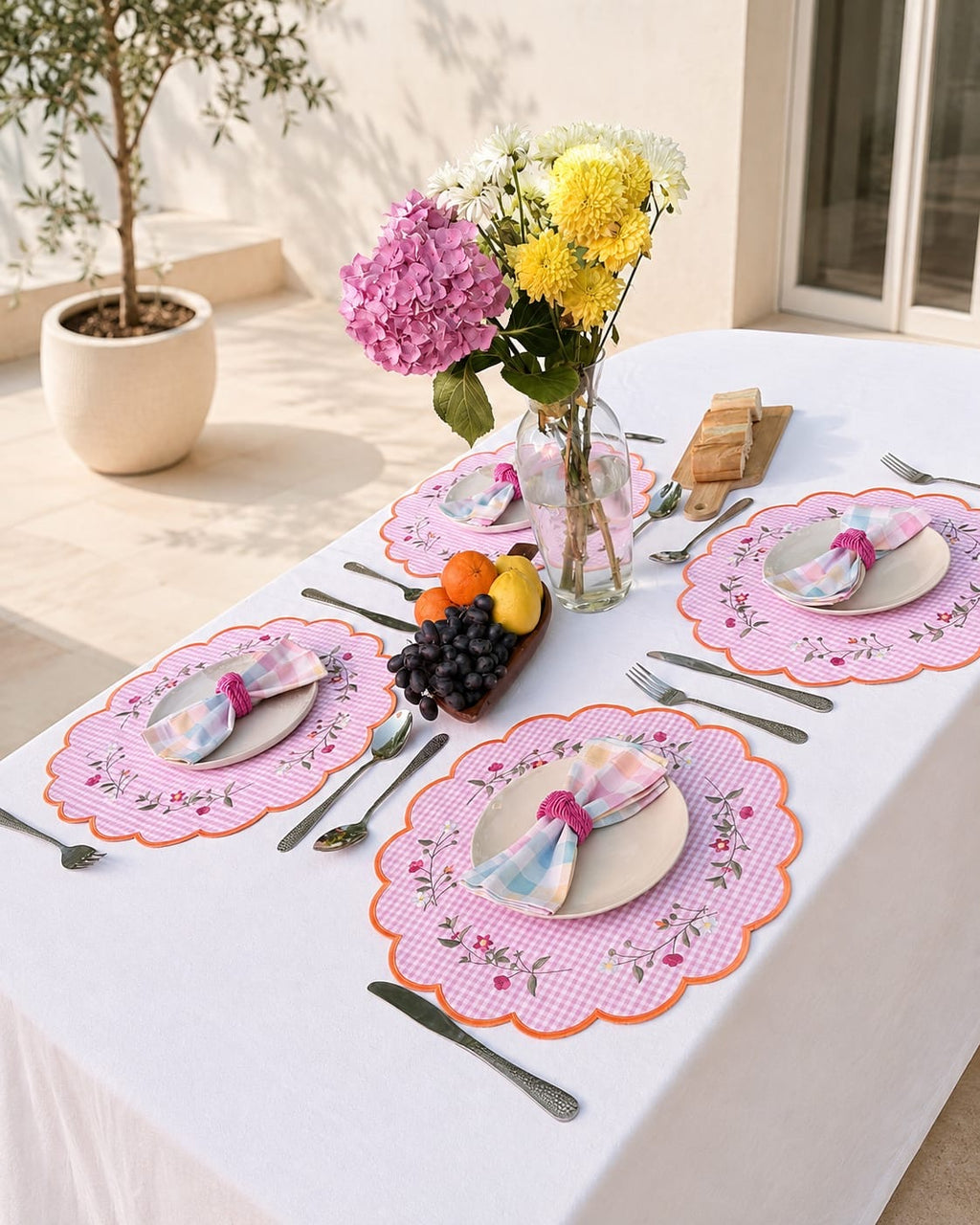 Luxury Pink Floral Placemat Set for 6 – Handmade Embroidered Table Setting Gift Box