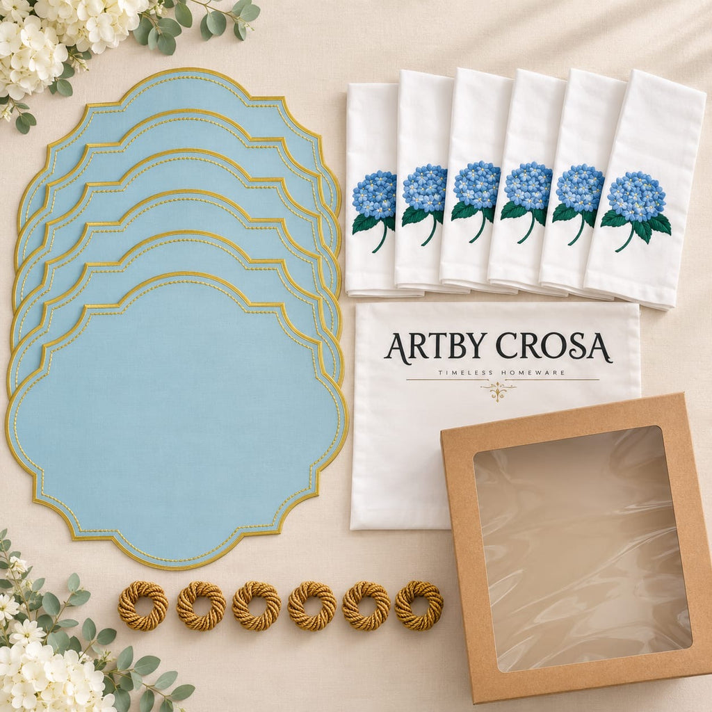 Luxury Hydrangea Table Set for 6 | Blue Placemats, Embroidered Napkins & Handmade Napkin Rings | Gift Box