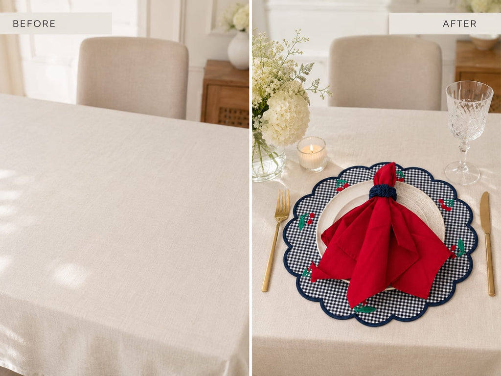 Double Side Cherry Placemat Set for 6 | Reversible Table Linen Gift Box | Handmade by ArtByCrosa
