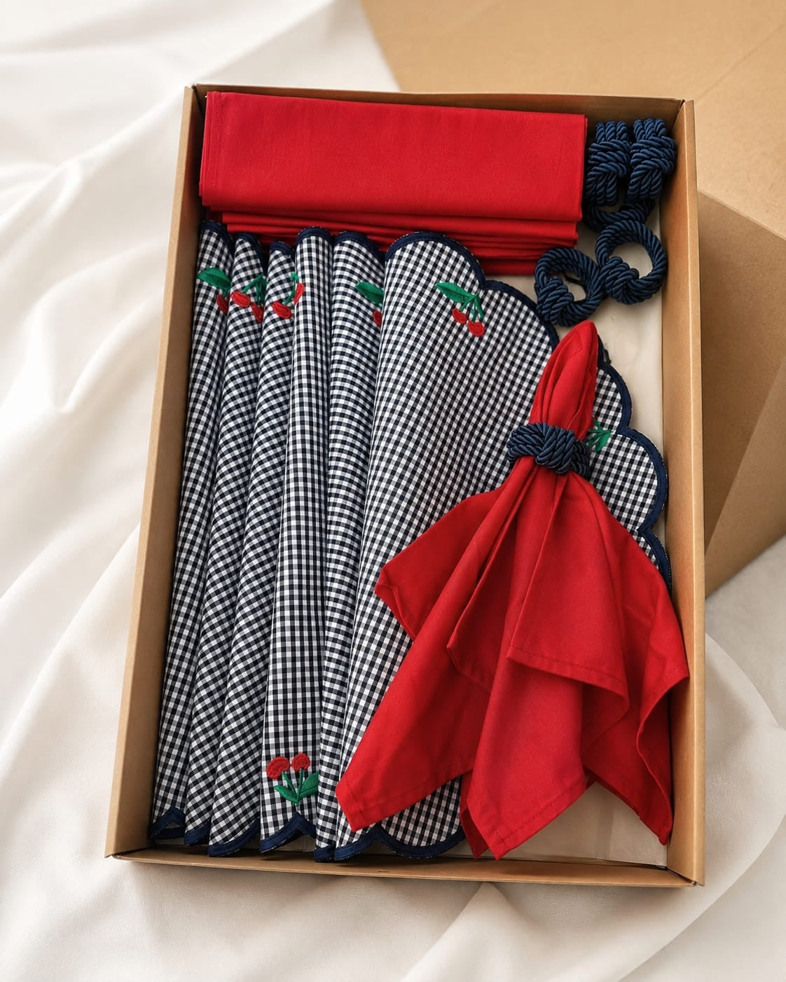 Double Side Cherry Placemat Set for 6 | Reversible Table Linen Gift Box | Handmade by ArtByCrosa