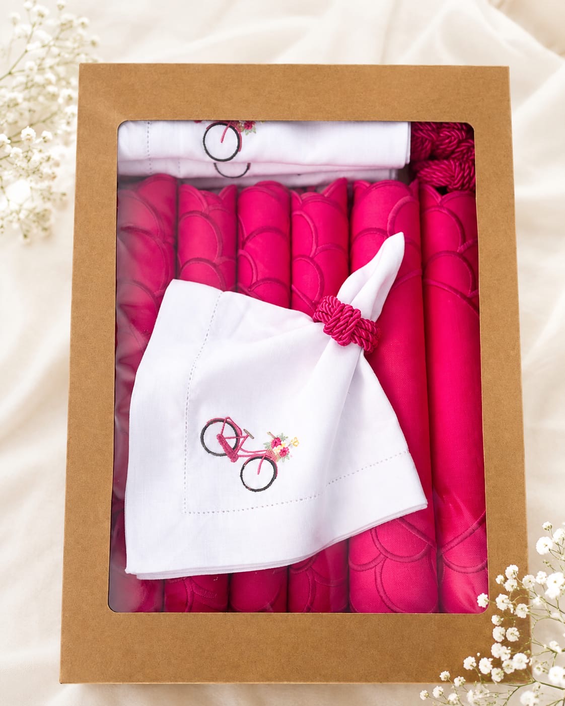 Pink Embroidered Table Setting Set for 6 – Bicycle Napkins, Placemats & Napkin Rings