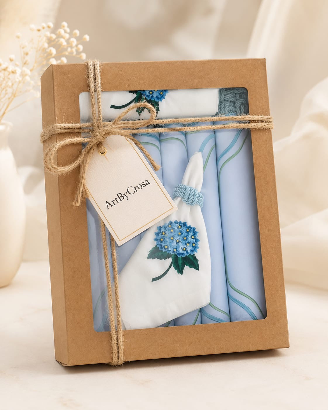 Luxury Hydrangea Blue Table Set for 6 | Handmade Gift Box | ArtByCrosa