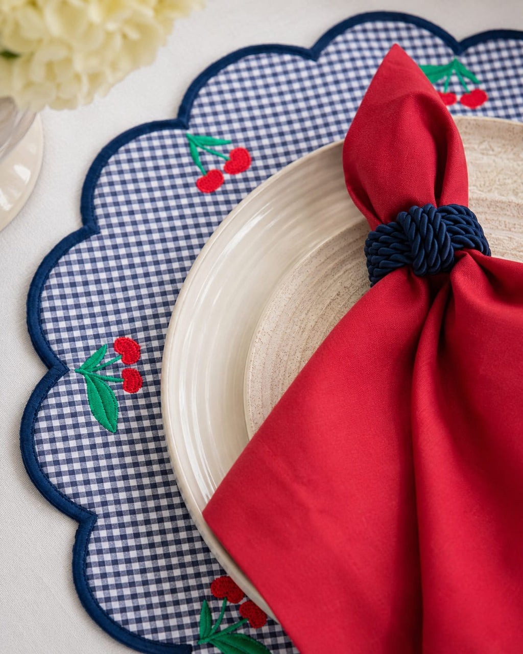 Double Side Cherry Placemat Set for 6 | Reversible Table Linen Gift Box | Handmade by ArtByCrosa
