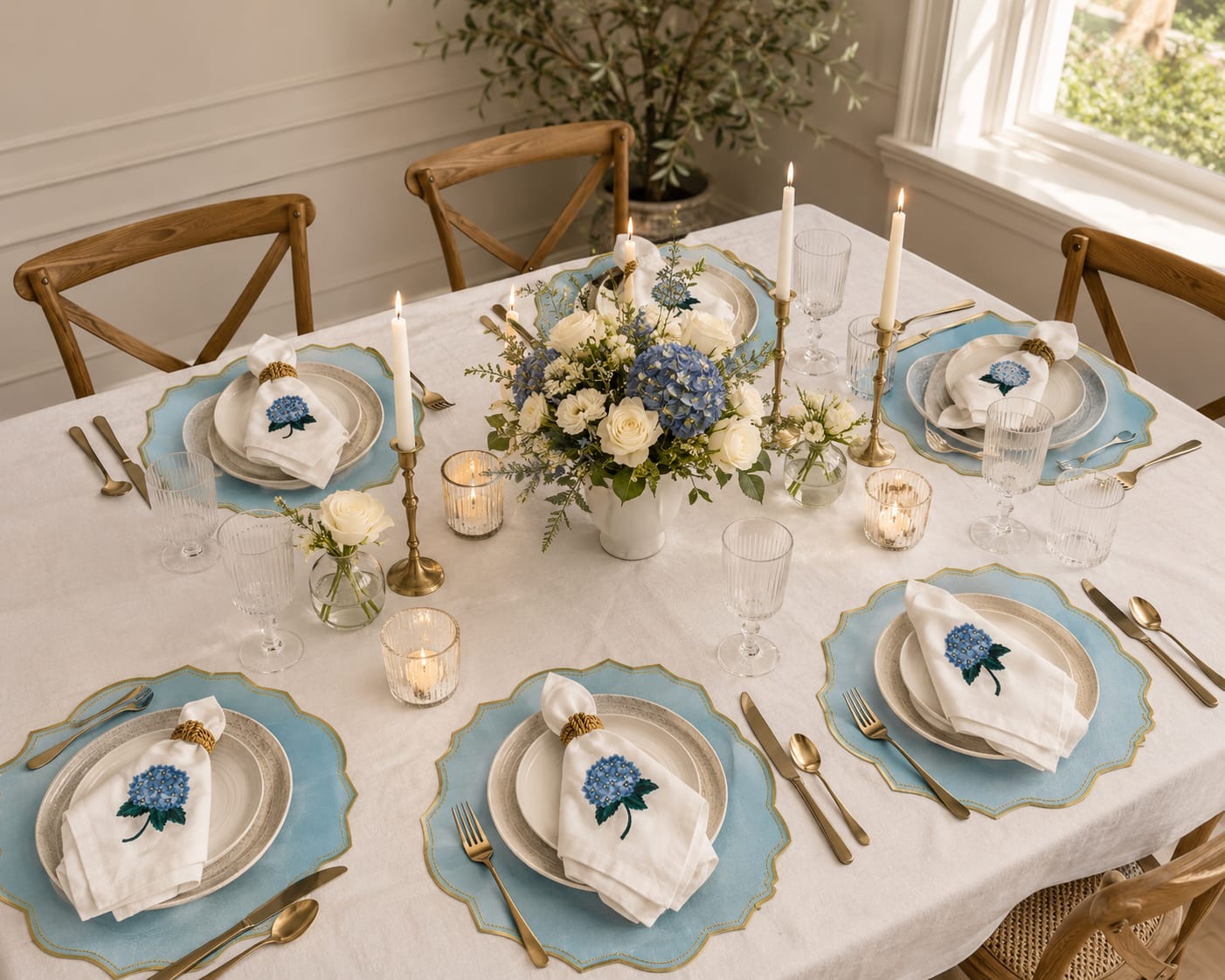 Luxury Hydrangea Table Set for 6 | Blue Placemats, Embroidered Napkins & Handmade Napkin Rings | Gift Box