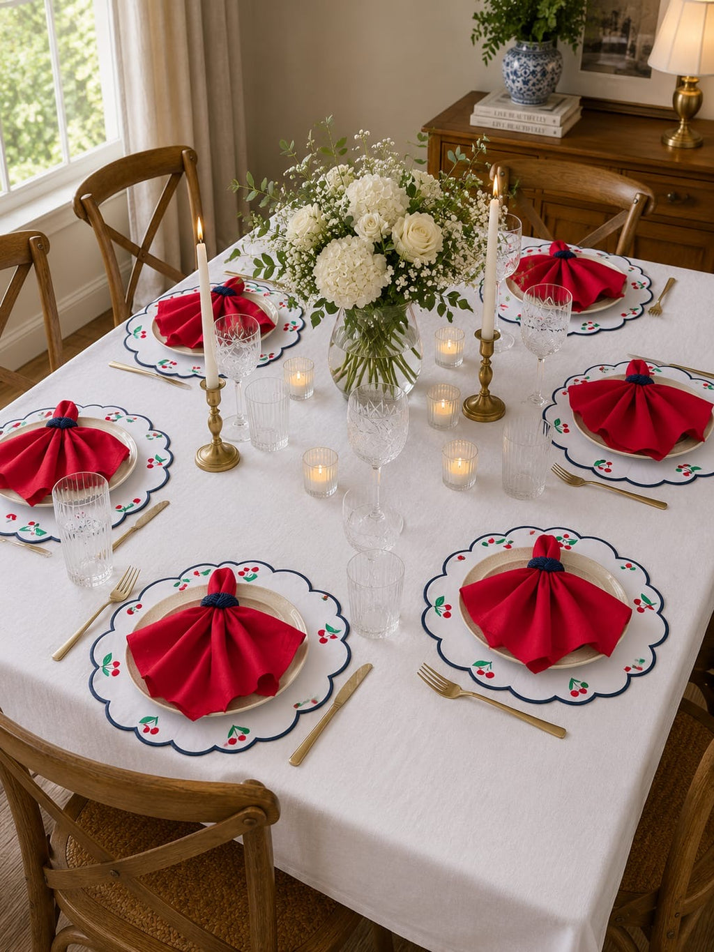 Double Side Cherry Placemat Set for 6 | Reversible Table Linen Gift Box | Handmade by ArtByCrosa