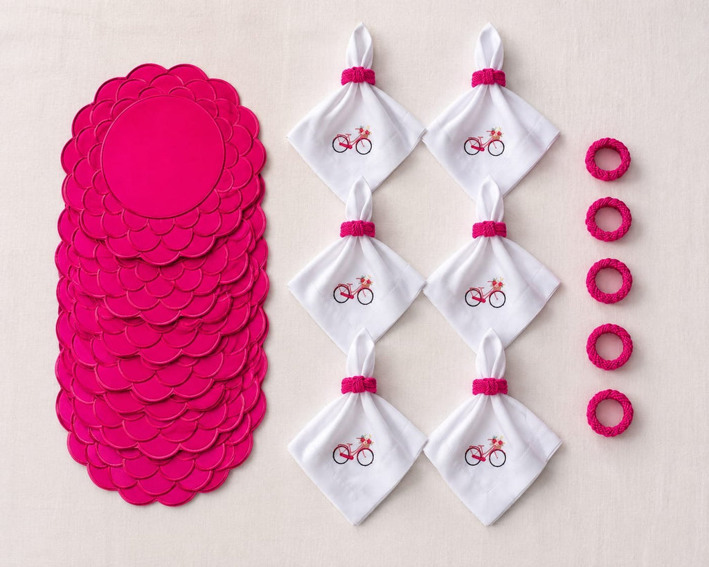 Pink Embroidered Table Setting Set for 6 – Bicycle Napkins, Placemats & Napkin Rings