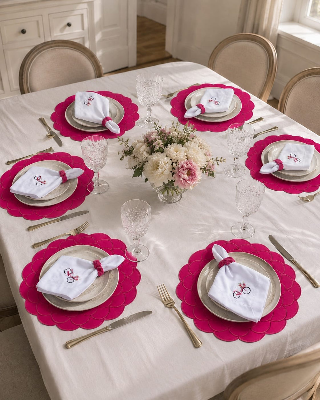 Pink Embroidered Table Setting Set for 6 – Bicycle Napkins, Placemats & Napkin Rings