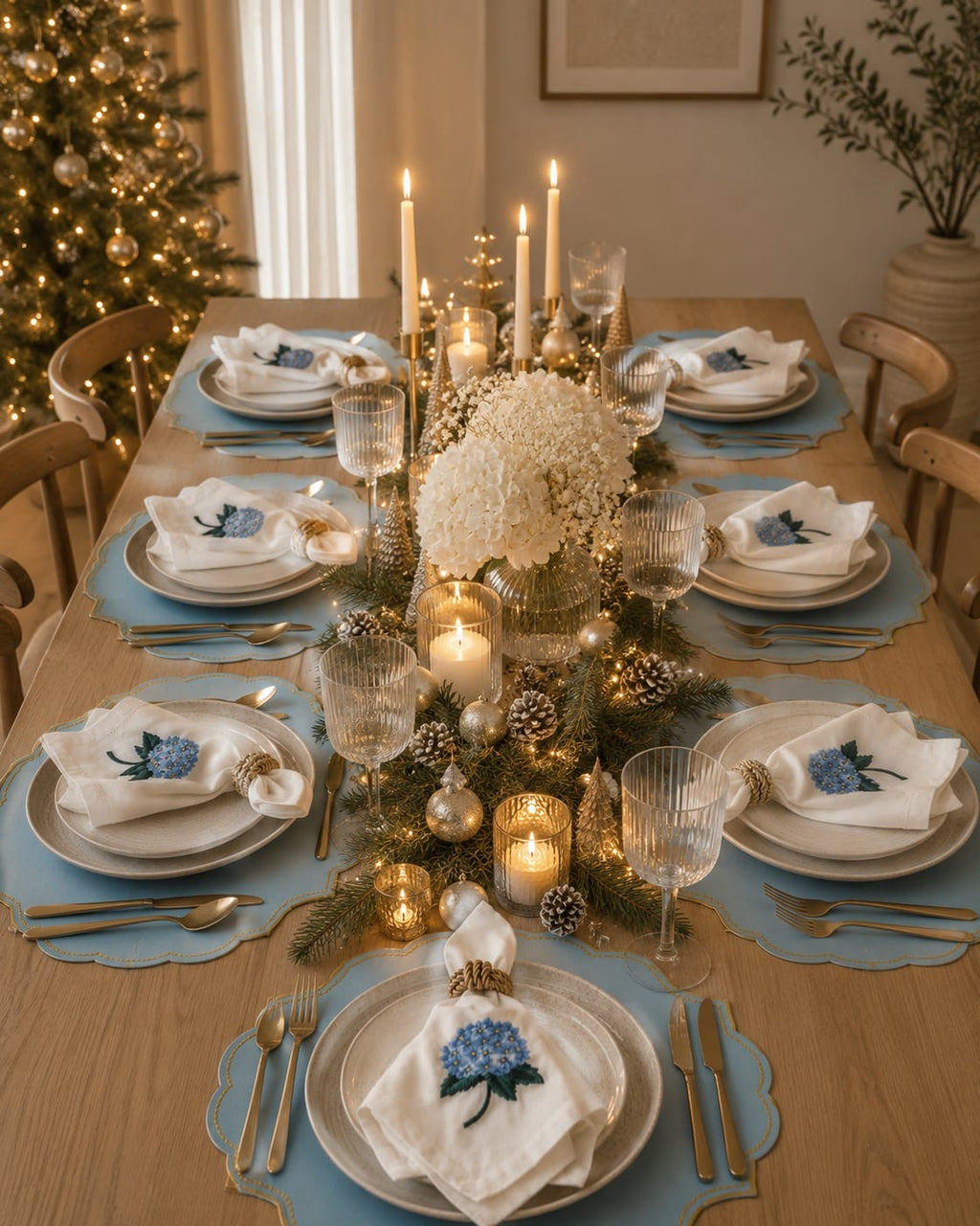 Luxury Hydrangea Table Set for 6 | Blue Placemats, Embroidered Napkins & Handmade Napkin Rings | Gift Box