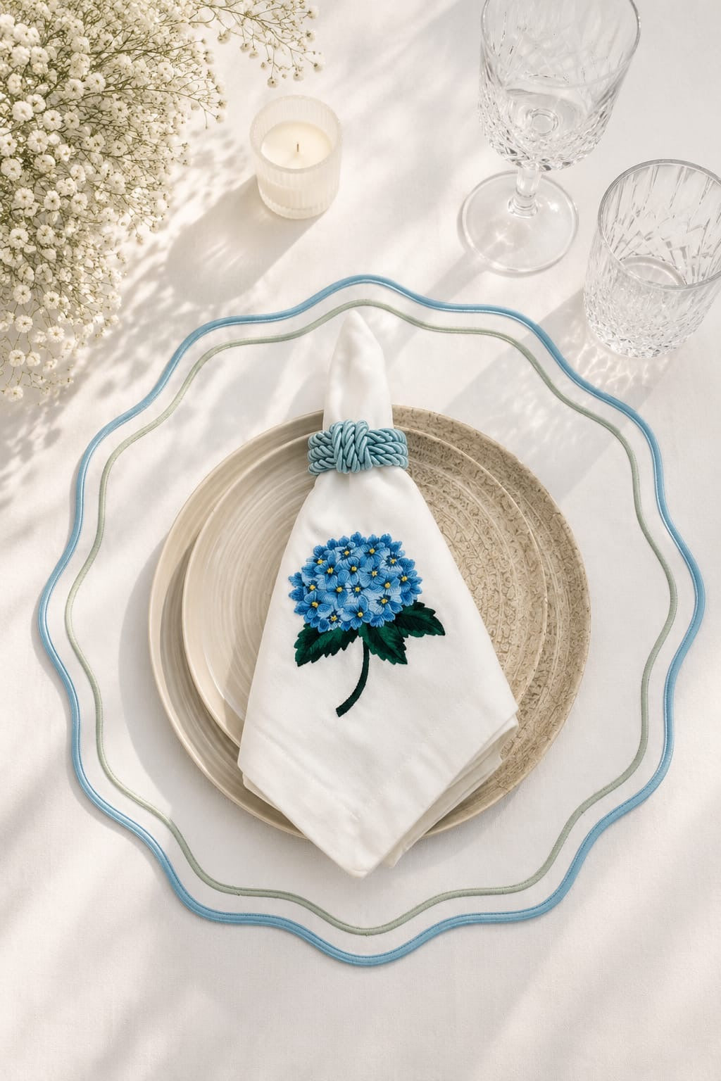 Luxury Hydrangea Blue Table Set for 6 | Handmade Gift Box | ArtByCrosa